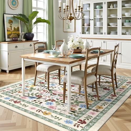 Deerly Floral Area Rugs 5x7 Vintage Boho Washable Non-Slip Living Room Carpet Soft Low Pile Colorful Thin Bedroom Floor Mat Indoor for Dining Room Playroom Nursery Farmhouse, Beige/Green/Multi - color: Beige/Green/Multi, size: 5' x 7' (Rectangular)