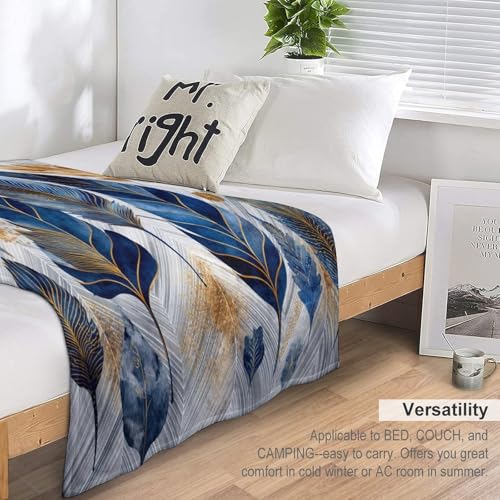Blanket Luxury Feather Leaf Plant Blue Throw Blanket for Women Men, 60"x80" Golden Foliage Plush Flannel Throws, Decor for Bed Couch Bedroom - color: Luxury Feather Leaf Plant Blue, size: 60"x80"