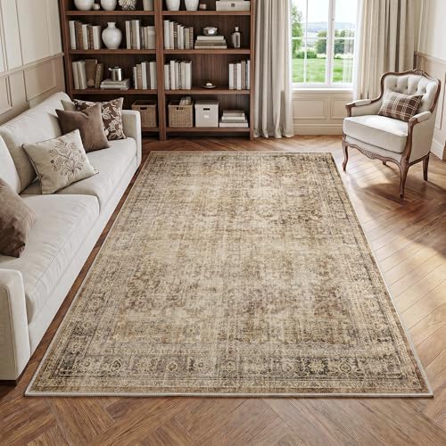 FMFUNCTEX 5x7 Washable Area Rug Brown Neutral Vintage Distressed Oriental Large Non Slip Carpet for Living Room Bedroom Traditional Retro Soft Low Pile Indoor Rugs for Dining Room Office Nursery - color: Brown, size: 5' x 7' (Rectangular)