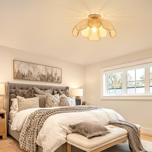 20 Inch Boho Flower Ceiling Light Flush Mount Farmhouse Rattan Light Fixtures for Bedroom Kitchen Dining Room Foyer Hallway Entryway - size: 20 Inch Flush Mount