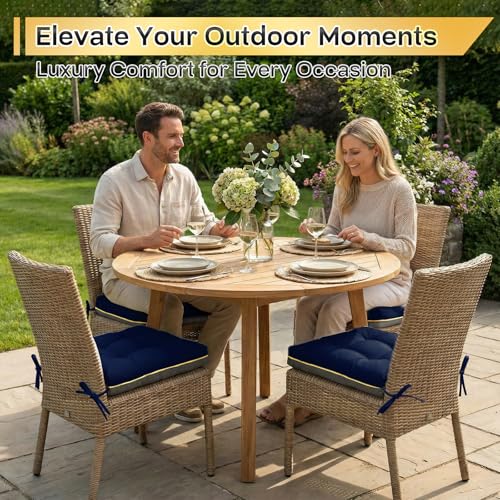 4 Pack 19x19 Inch Shredded Foam Chair Cushions with Straps - All-Season Seat Pads for Indoor/Outdoor Dining, Office, Patio, Kitchen Chairs (Blue, 19 INCH × 19 INCH) - color: Blue