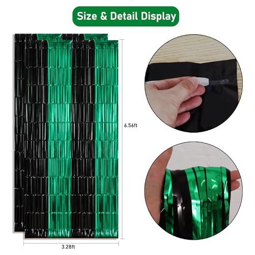 TONIFUL Black and Green Fringe Backdrop Curtain 2026 Graduation Parties 2Pcs 3.3x6.6 ft Metallic Tinsel Foil Fringe Photo Booth Backdrop Door Streamers for Birthday Soccer Themed Party Decorations - color: Black Green