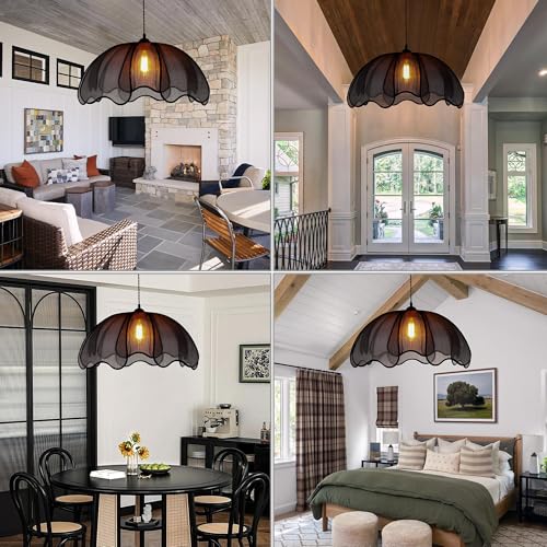 Farmhouse Chandelier Light Fixture, 1-Light Rattan Boho Chandeliers for Dining Room, Hand Woven Pendant Light with Linen Shade, Rustic Hanging Lighting for Kitchen Island, Bedroom