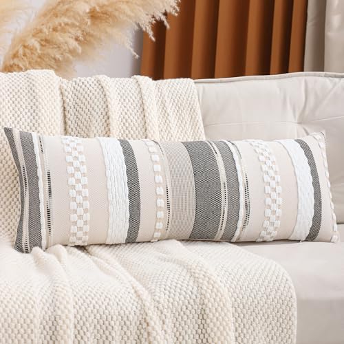 14 x 36 Pillow Cover Boho Lumbar Throw Pillow Cover Body Lumbar Decorative Pillow Case Accent Chenille Striped Pillowcase Farmhouse Cushion Case for Home Decor White (1 Piece) - color: White Stripe, size: 36" x 14" (Pack of 1)