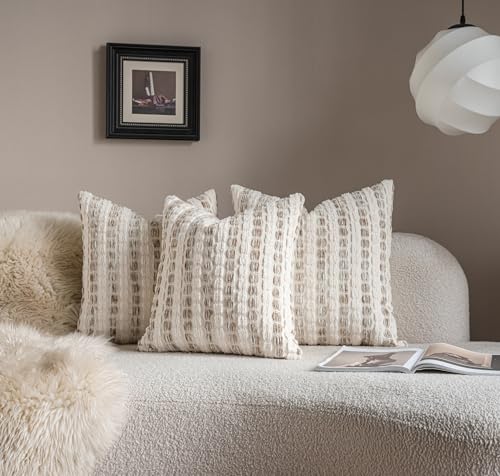 Caflife Boho Throw Pillow Covers 22x2 Inch Set of 2, Farmhouse Beige Striped Textured Chenille Decorative Couch Pillow Cases, Modern Rustic Accent Cushion Covers for Sofa Bed Living Room Bedroom - color: Beige, size: 22" x 22" (Pack of 2)