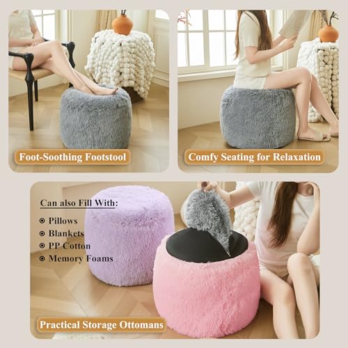XeGe Fluffy Faux Fur Inflatable Pouf Ottoman, Soft Portable Shaggy Fuzzy Foot Stool, Gray Plush Furry Foot Rest Floor Pouf, Round Ottoman Cushion Living Room Bedroom Patio Dorm Desk, Light Grey - color: Light Grey, size: 20"x20"x16"