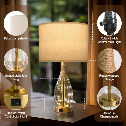 OYEARS 23" Table Lamps for Living Room Set of 2 Bedside Lamps for Night Stands Bedroom Lamps Farmhouse Rattan Boho Lamp Glass Nightlight End Table Lamp with USB C+A (Gold),Two Light Points - color: Light Gold