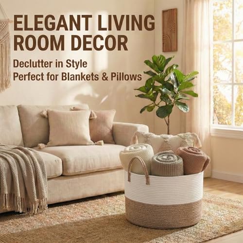 JMvicyroam 115L Extra Large Blanket Basket for Living Room - Woven Cotton Rope Laundry Hamper with Reinforced Handles - Storage Bin for Pillows, Comforters & Toys - Machine Washable,White&Brown - color: White&Brown, size: 115L