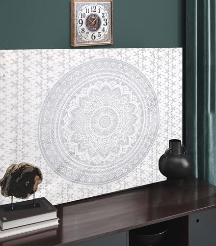FURNISHFUL FINESSE Hand Block Print Cotton Mandala Wall Tapestry - White Silver Ombre Boho Wall Decor, Bohemian Hippie Room Hanging for Bedroom, Dorm & Living Room Aesthetic - 50x60 Inches - color: Silver, size: 60"L x 50"W