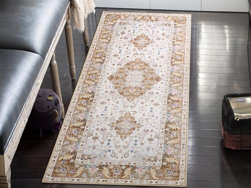 Amearea Vintage Design Runner Rugs for Living Room, 2x6 Machine Washable Floral Collection Traditional Bedroom Rug, Low Pile Cute Kids Room Print Carpet, No Slip Office Kitchen Home Decor, Gold Yellow - color: Gold, size: 2' X 6' (Runner)