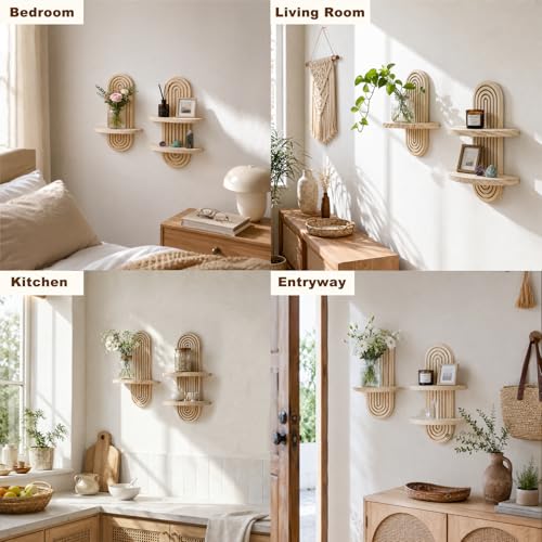 Artilady Boho Wall Decor Wood Shelves Set of 2, Rustic Display Shelf for Crystal Candle Plant, Wall Art for Bedroom Living Room Bathroom (Beige Set 1) - color: Beige Set 1