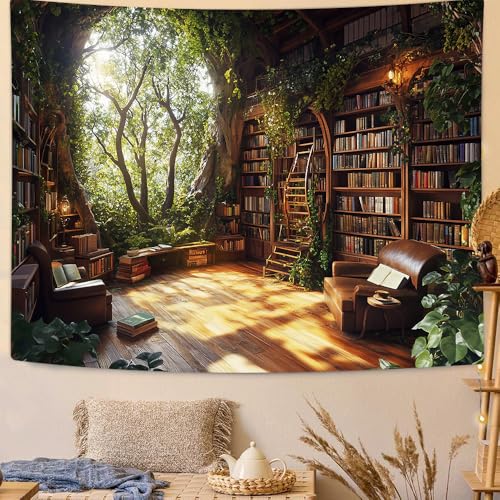 RichIdeas Window Tapestry Forest Window Tapestry Library Tapestries Tree Bookshelf Wall Blanket for for Bedroom Living Room Dorm Decor - color: Yellow-2, size: Customsize