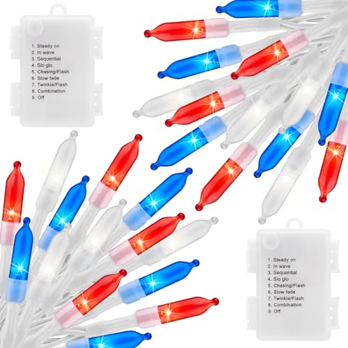Brightown Red White Blue Battery Operated Mini String Lights with 8 Modes- 2 Pack 18 Feet 50 LED Independence Day Decoration Waterproof, Timer for Patriotic Xmas Holiday Party Outdoor Indoor - color: Red White Blue, size: 50 LEDs x 2 Pack