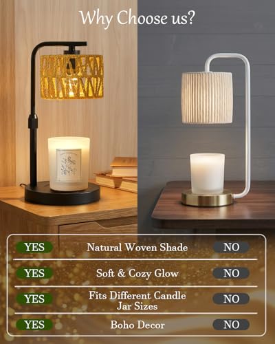 Candle Warmer Lamp, Timer Dimmable Candle Lamp, Adjustable Height and Brightness Candle Warmer, Boho Rattan Lampshade and 2 Bulbs, Suitable for Home Decor, Birthday Gifts for Women Mom (Black) - color: Boho-black