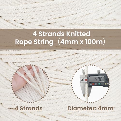 109 Yards Macrame Cord 4 Strand Twisted Recycled Cotton 4mm Beige String for Crafts Wall Hangings Plant Hangers DIY Knitting Macrame Supplies - color: Beige, size: 4mmx109Yards