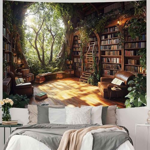 RichIdeas 80x60inches Bookshelf Tapestry Classroom Blanket Large Forest Tapestries Book Wall Hanging for Living Room, Library, Classroom, Dorm Room Decor RITA038 - color: Yellow-2, size: 80"L x 60"W