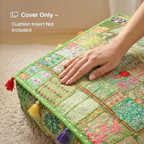 THE ART BOX Cotton Patchwork Vintage Boho Embroidered Floor Pillows & Cushion Cover Green Pouf Seating Pouf Meditation Pillow Pet Bedding Bed Boho Home Décor (35x35 Inches, Cover Only) - color: Light Green