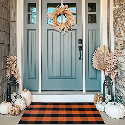 MUBIN Cotton Buffalo Plaid Rug, 27.5x43 Orange Black Outdoor Rug Front Door Decorative Mat, Washable Halloween Doormat Foldable Area Rug Layered Door Mats Rug for Front Porch, Entryway, Patio - color: Orange Black Plaid, size: 2'3" x 3'7" (Rectangular)