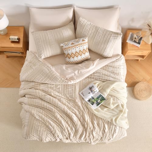 DHSFKBE Beige Tufted Comforter Set Queen Size 7 Piece Bed in a Bag，Shabby Chic Boho Bedding for Bedroom Comforter，All Season Soft Microfiber Ruffle Comforter Set with Pillow and Sheets - color: Beige, size: Queen