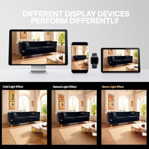 KEIKI 83" Oversized Luxury Velvet Chesterfield Sofa with 2 Pillows, Vertical Channel Tufted Backrest, Modern Style Gold Metal Accents 3-Seater Couch, Easy Assembly, for Living Room, Apartment, Black - color: Black, size: 83"