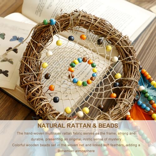 Dream Catcher Native American Boho Dreamcatcher Rattan Wall Decor, Handmade Natural Goose Feathers Blue Beaded Hanging Wall Art Indian Decor for Bedroom Living Room - color: Blue Green Orange