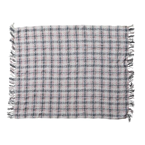 Creative Co-Op Hand-Woven and New Zealand Wool Slub Throw with Fringe, Grey and Natural Plaid