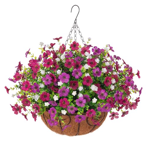 Ammyoo Artificial Faux Hanging Plants Flowers Basket for Spring Outdoor Decoration, Fake Silk Daisy UV Resistant Look Real with Eucalyptus Leaves Summer Outside Decor for Home Patio Garden - color: Purple Purple-red White-boxwood