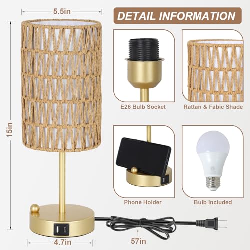Gold Table Lamp for Bedroom with Bulb, Small Touch Control Table Lamp for Living Room with Rattan & Linen Shade, 3 Way Dimmable Bedside Lamp for Nightstand with USB Charging Port & Phone Stand - color: Gold