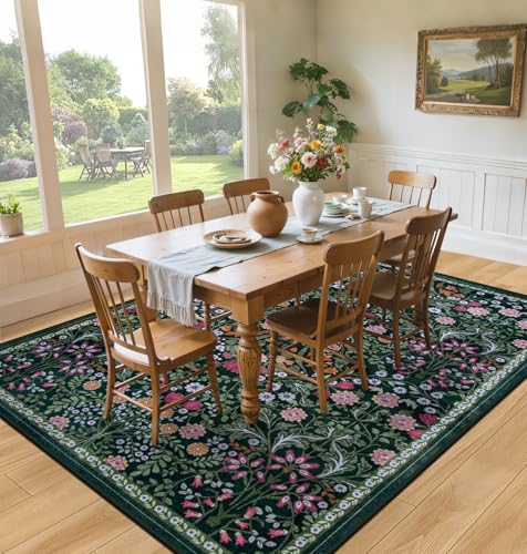 Area Rug Living Room Rugs: Floral 5x7 Washable Rug Vintage Soft Boho Non-Slip Carpet Indoor Floor Stain Resistant Large Carpets for Bedroom Dining Room Farmhouse Nursery Hallway Home Office Dark Green - color: Dark Green, size: 5' x 7' (Rectangular)