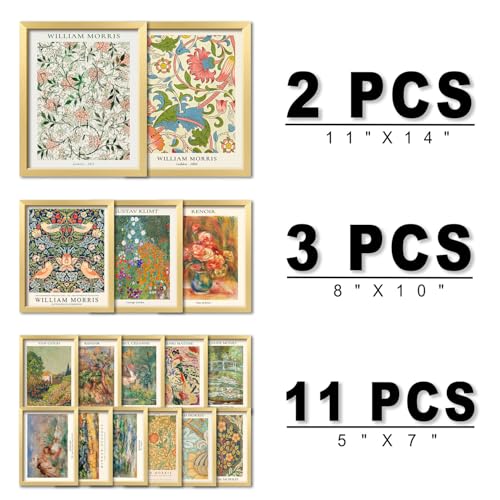 ANERZA 16 PCS Gold Framed Vintage Eclectic Wall Art Decor, William Morris Wall Prints for Bedroom, Gallery Wall Frame Set, Posters for Living Room Aesthetic, Collage Kit, Colorful Dorm Home Artwork - color: Multi, size: 12"x15" Framed