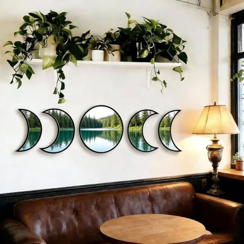 5-piece Set of Moon Phase Mirror Decorations in Nordic Style, Acrylic Mirror paired with Wooden Combination, Bohemian Style Living Room Bedroom Home Decoration, Black (Black) - color: Black