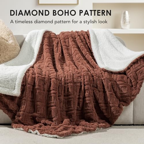 EverGrace Jacquard Boho Sherpa Fleece Throw Blanket for Couch, Super Soft Cozy Fuzzy Plush Blankets for All Seasons, Reversible Thick Warm Blanket for Bed, Sofa, Living Room, Terracotta, 50" x 60" - color: Terracotta, size: 50x60 Inches