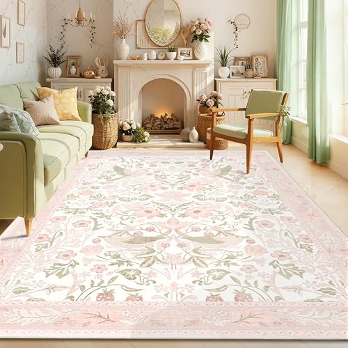 8'x10' Area Rugs Washable,Pink Rug for Living Room Bedroom Dining Room,Large Boho Botanical Farmhouse Bohemian Distressed Oriental Carpet Non Slip,Blush Floral Bird - color: Pink Floral Bird, size: 8'x10'