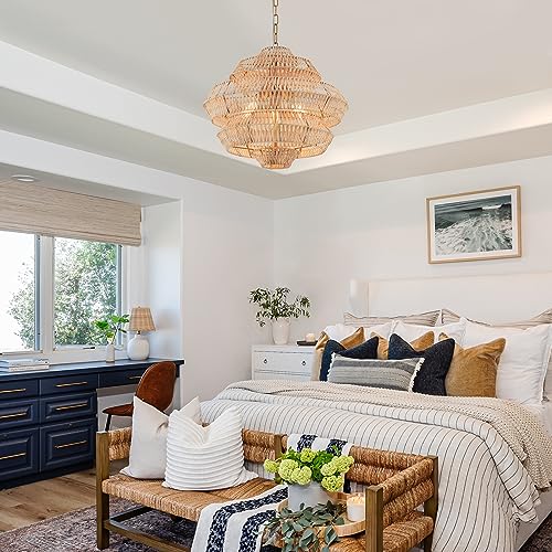 22” Hand Woven Rattan Chandelier 5 Round Adjustable Boho Pendant Light Farmhouse Large Brass Pendant Lighting Fixtures for Dining Room Kitchen Island Living Room, UL Listed