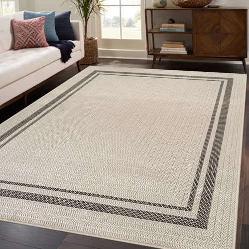 Beverly Rug Easy Jute Bordered Rug 8x10 Washable Durable Indoor Outdoor Area Rugs for Living Dining Room Patio Office Stain Resistant Non Shedding Casual Indoor Outside Carpet 8 x 10 Off-White - color: Bordered/Off-white-black, size: 8' x 10' (Rectangular
