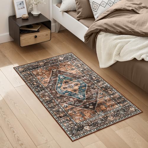 Lahome Door Rugs for Entryway Indoor - 2x3 Washable Stain Resistant Kitchen Rug Rubber Backing Ultra-Thin Small Door Mats Indoor Entrance, Vintage Print Throw Rug for Bathroom Bedroom Adelyn - color: Dull Teal, size: 2' x 3' (Rectangular)