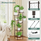 Quikraen 8 tiers Metal Plant Stand with Grow Lights, Tall Lighted Corner Plant Shelf for Indoor Plant Growing,Flower Pot Holder, Plant Rack for Home Decor, Patio (Brown)