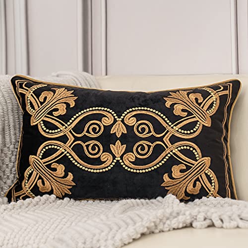 Aeckself European Floral Pillow Cover 12x20 Inch, Luxury Velvet Embroidered Decorative Lumbar Throw Pillow Cover for Couch Bedroom Living Room, Black and Gold - color: Black Gold, size: 20" x 12" (Pack of 1)