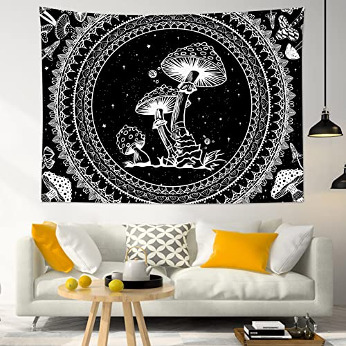 SCECALA Black and White Tapestry Wall Hanging Funny Mushroom with Boho Mandala Pattern Aesthetic Tapestries Vintage Botanical Blanket for Bedroom Living Room Teen Dorm Party Home Deco 80x60 Inch - color: Black and White, size: 60"L x 80"W