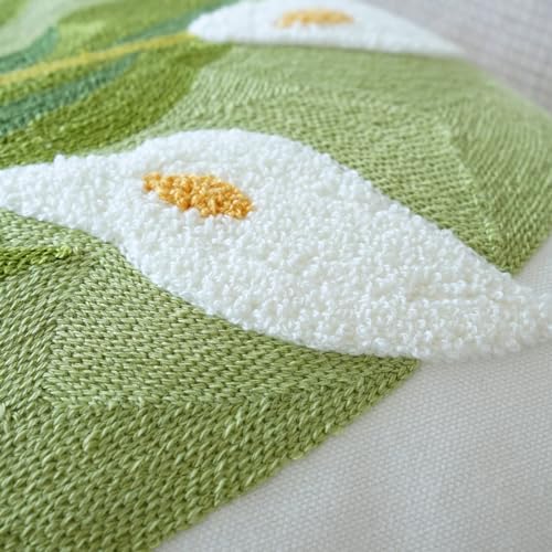vctops Farmhouse Calla Lily Cotton Tufted Throw Pillow Cover Spring Floral Embroidery Pillowcase Soft Square Cushion Case for Sofa Couch Bed Chair (White C,18"x18") - color: White C
