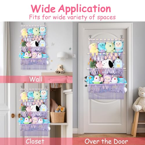 3 Tier Stuffed Animal Storage Shelf Net, 24x39 Inch Large Stuffy Storage w/ LED Light & Clips for Mini Medium Plushie Teddy, Purple Boho Macrame Wall Stuffed Animal Holder Display for Kids Girls Boys - color: Light Purple, size: Large-3 Tier-24x39 Inch
