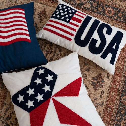 Patriotic America First Throw Pillow Cover, 4th of July Navy Blue 3D Tufted Embroidered Pillowcase, Americana USA Flag Decor for Independence Day, Election Year Party, 18x18 Inch, 1 Piece, Cover Only - color: Waving Flag