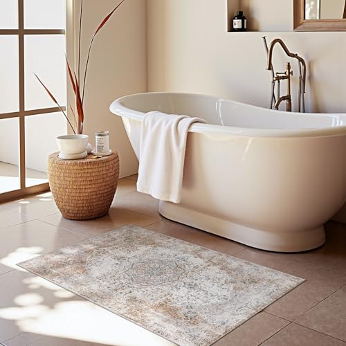 jinchan Area Rug 2x3 Washable Door Mat Vintage Distressed Rug Doormat Indoor Entrance Thin Traditional Floral Lightweight Non Slip Carpet for Kitchen Bedroom Living Room Taupe - color: Vintage Taupe, size: 2' x 3' (Rectangular)