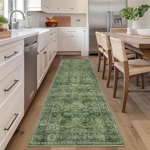 2x5 Green Vintage Washable Runner Rugs for Hallway Kitchen Boho Hallway Carpet Low Pile Non-Slip Retro Distressed Accent Throw Rug for Entryway Bathroom Bedroom Green - color: Green, size: 2'*5'(Runner)