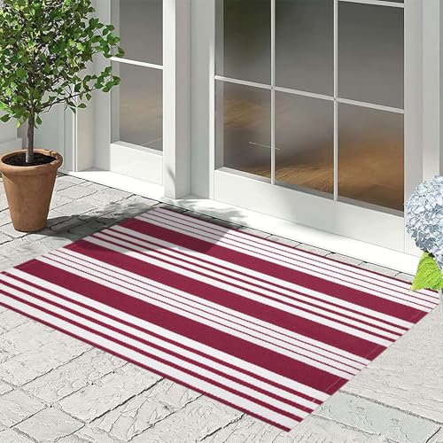 Red and White Striped Outdoor Rug 24'' x 35'' Door Mat Outdoor Machine Washable Welcome Mats Cotton Hand-Woven Entryway Rug for Front Porch/Entryway/Laundry/Bathroom/Bedroom - color: Red, size: 2' x 3' (Rectangular)