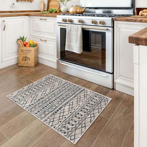 KUTA Moroccan Rugs for Entryway, 2x3 Light Brown Black Entrance Small Area Rug Non-Slip Washable, Ultra Soft Vintage Geometric Low-Pile Indoor Door Mat Floor Carpet for Kitchen - color: Light Brown/Black, size: 2' x 3' (Rectangular)