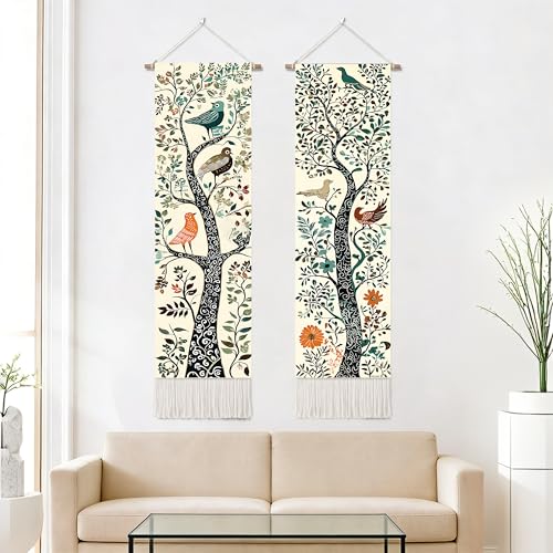 seewan 2 Pack Long Vertical Wall Tapestry, Boho Nature Landscape & Floral Aesthetic Wall Hanging for Bedroom Living Room Home Decor, Long Narrow Art Tapestry with Sunrise Mountain Botanical Designs, 13" × 51" (Art Nouveau Tree, 13"Wx51"H, Unframed) - colo