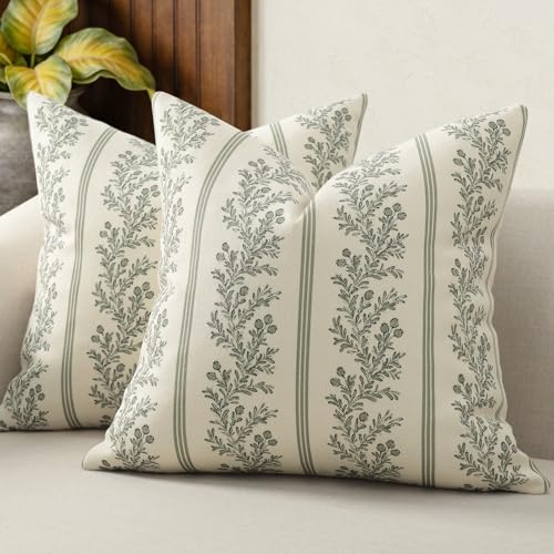 Vintage Throw Pillow Covers 20x20 Set of 2, Striped Floral Pillow Cover Botanical Patterned Decorative Cushion Covers Modern Farmhouse Home Decor for Sofa Couch Bed Living Room, Moss Green - color: Moss Green, size: 20" x 20" (Pack of 2)