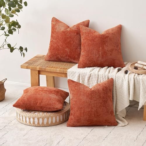 MIULEE Pack of 2 Fall Burnt Orange Decorative Pillow Covers 18x18 Inch Soft Chenille Couch Throw Pillows Farmhouse Cushion Covers for Home Decor Sofa Bedroom Living Room - color: Burnt Orange, size: 18" x 18" (Pack of 2)