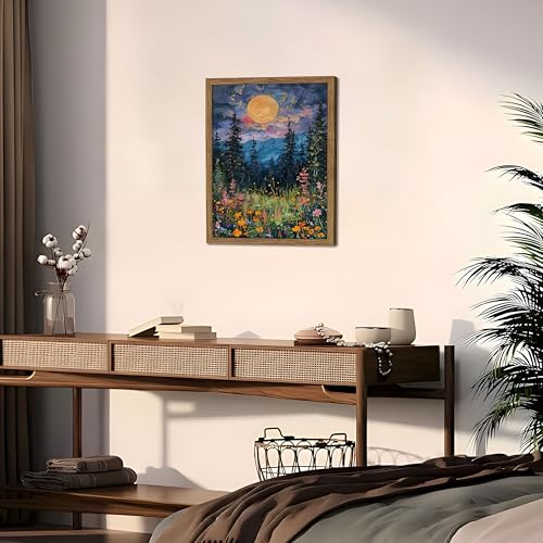 Framed Nature Forest Canvas Wall Art, Full Moon above Wildflowers and Woodland Painting, Midnight Floral Trees Art Print, Farmhouse Nature Wall Decor for Bedroom Living Room 16x24 inch - color: Ink Landscape Painting, size: 24"L x 16"W